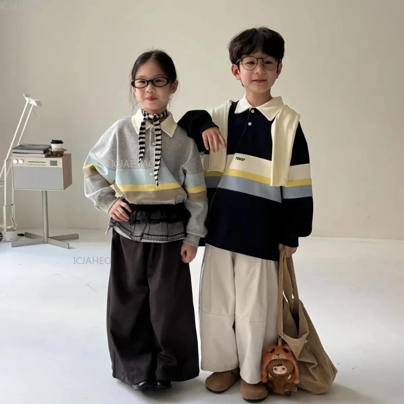 Kids Hoodie Autumn Boys Girls Children Korean Style Wide Stripes Letter Print Casual Loose Pullover Collar Sweatshirt Costume