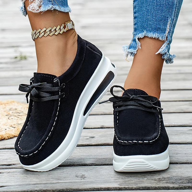 Basic Color Platform Loafers for Women 2026 Spring Light Thick Sole Wedge Sneakers Woman Plus Size Lace Up Non Slip Casual Shoes