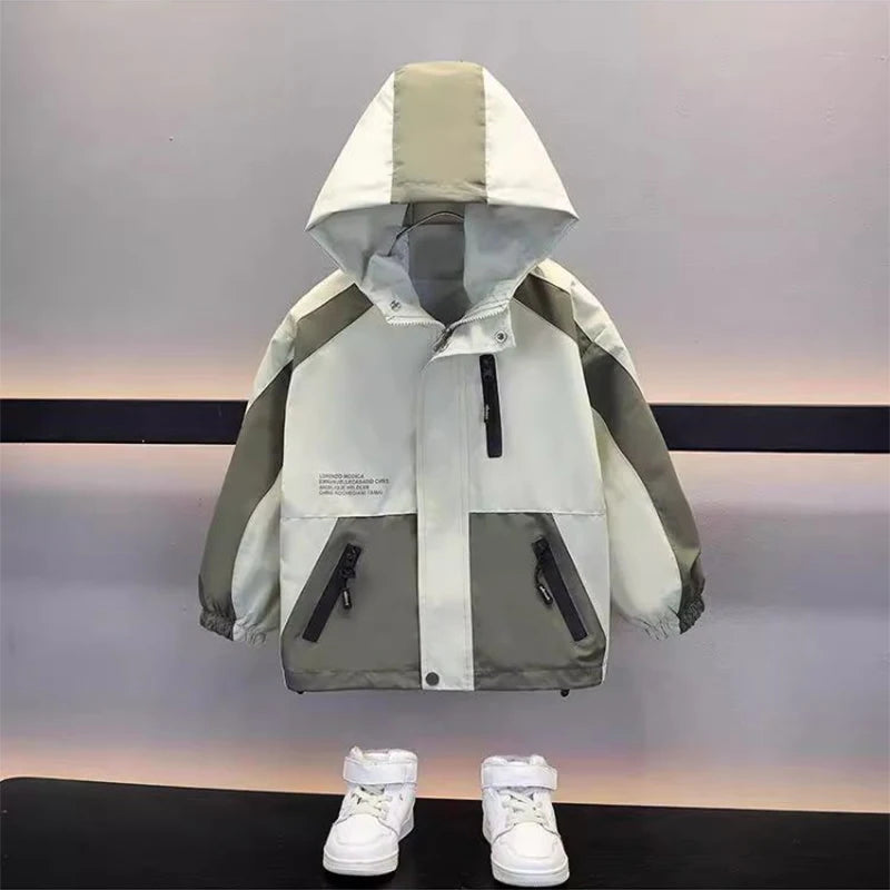 Children Clothing Color Blocking Jacket 2026 Spring Autumn Teen Boys Fashion Zipper Hooded Windbreaker Coat Kids Outewear Tops