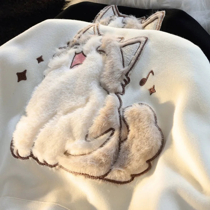 Cute Kawaii Cat Hoodies Women 2025 New Autumn Winter Thick Women Pulovers Fleece Inside Hooded Sweatshirt Girls Y2k Streetwear