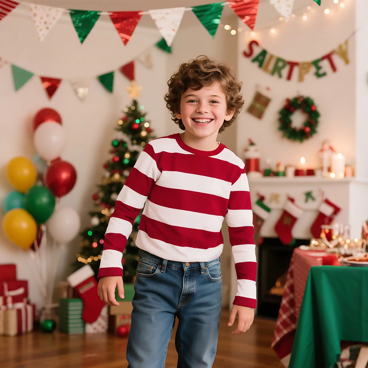 Kids Red and White Striped Shirts Boys Girls Halloween Cosplay Costumes Toddler Christmas Long Sleeve Casual Cotton T Shirts