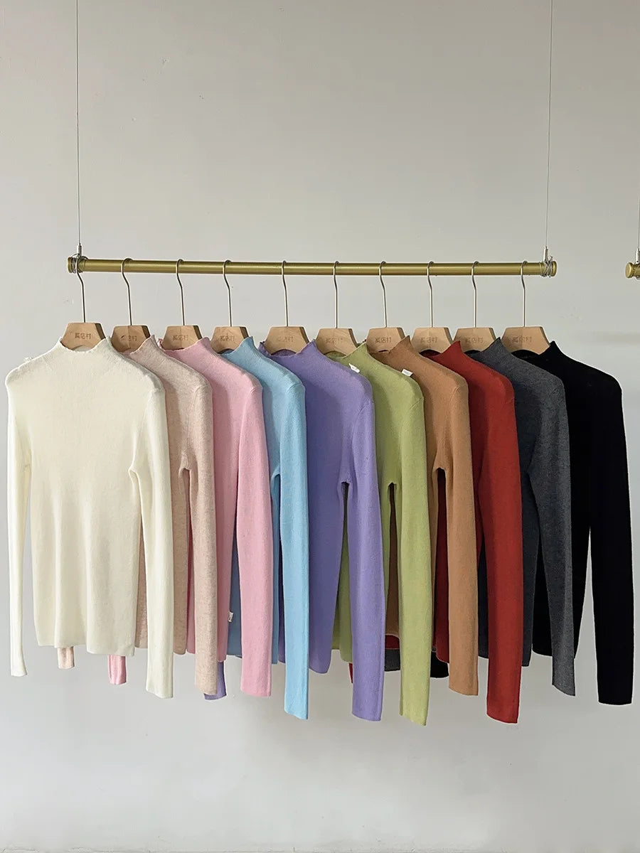 BirdTree, 100% Wool Slim Thin Sweater, Women Long Sleeve Mock Neck, Seamless Bottom High Elastic Top, 2025 Winter Fall T46985QM