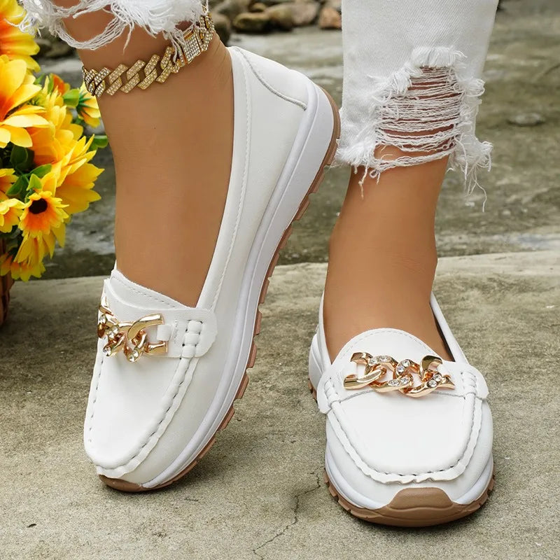 Women Flats 2026 Spring Autumn New Loafers Fashion Metal Decor Round Head Casual Shoes Female Daily Comfort Soft Soled Sneakers