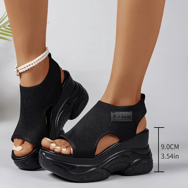 Women Fashion Platform Wedge Sandals Peep Toe Knit Mesh Breathable Lightweight Comfortable Sporty Walking Casual Outdoor Slides
