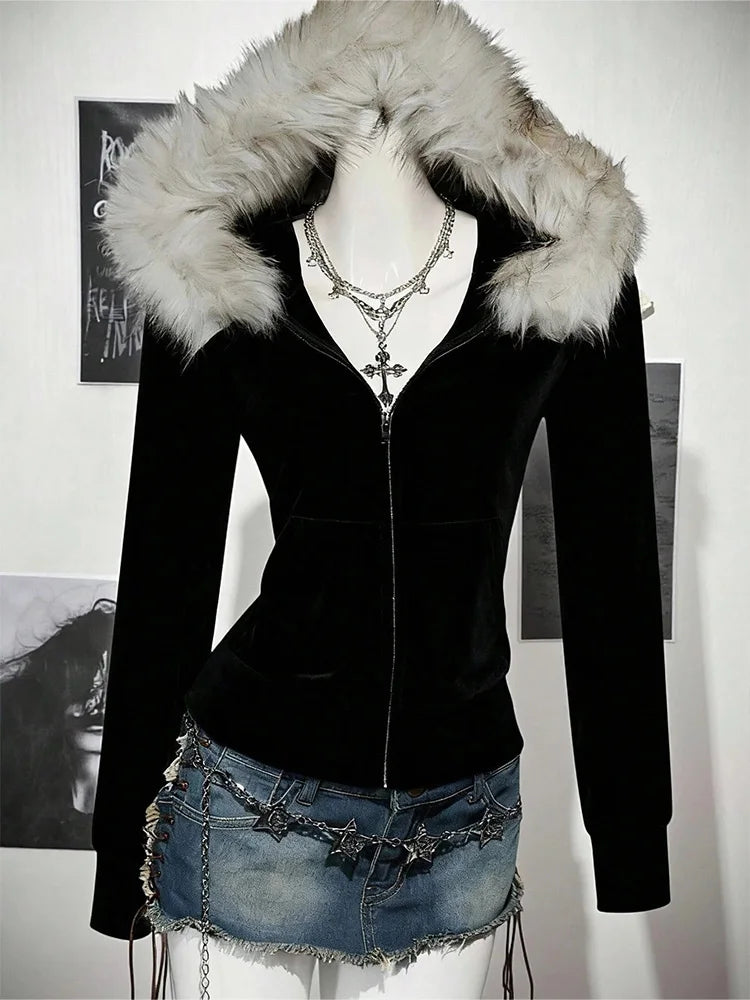 Y2K Harajuku Gothic Women's Hoodie Sexy Slim Chic Suede Fur Collar Letter Print Cardigan Sweatshirt  Female Streetwear