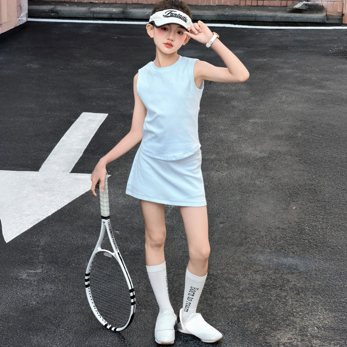 Girls Summer Sleeveless Set Sportswear Tennis Outfit 2026 New Casual Big Kids Skirt Pants Two Piece Set Thin