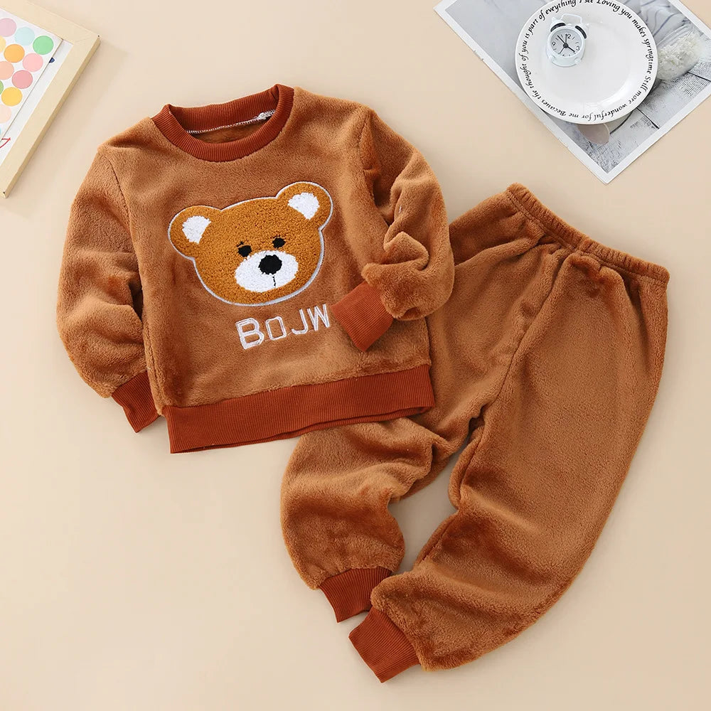 2026 Kids Flannel Pajamas 2Pcs/Sets Thickened Warm Print Baby Homewear Soft Coral Fleece Boys Girls Sleepwear Winter Loungewear