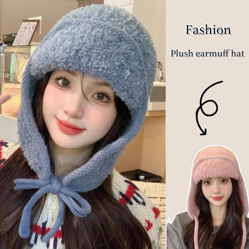 Ear-protective Woolen Knitted Hats for Women, Autumn Winter Thickened Fleece Caps, Ideal for Large Head Circumference