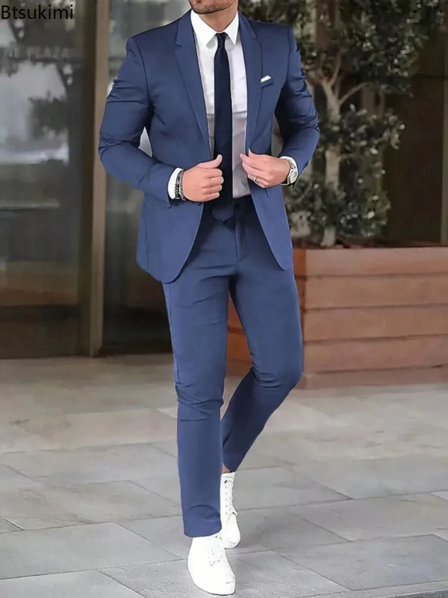 High Quality Men's Suit Sets Fashion Party Wedding Groom Outfits Solid Color Slim Elegant Two Piece Sets Blazer Jacket and Pants