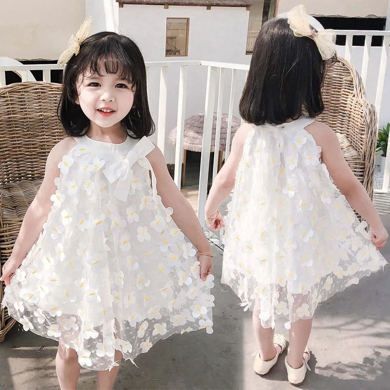 Summer Toddler Dresses Cute Flower Princess Dress Female Baby Butterfly Appliques Dress Children Mesh Bow Kids White Costume