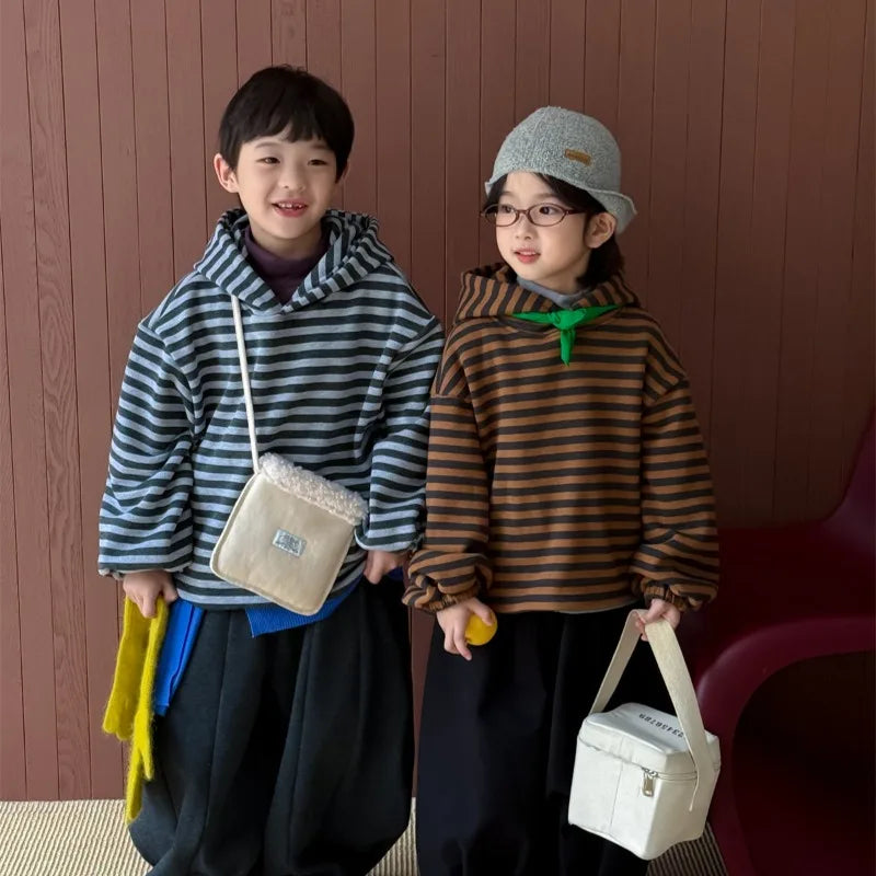 Boys Hoodie 2025 Autumn Winter Korean Style Fashion Trendy Minimalist Versatile Loose Striped Long Sleeve Hooded Top