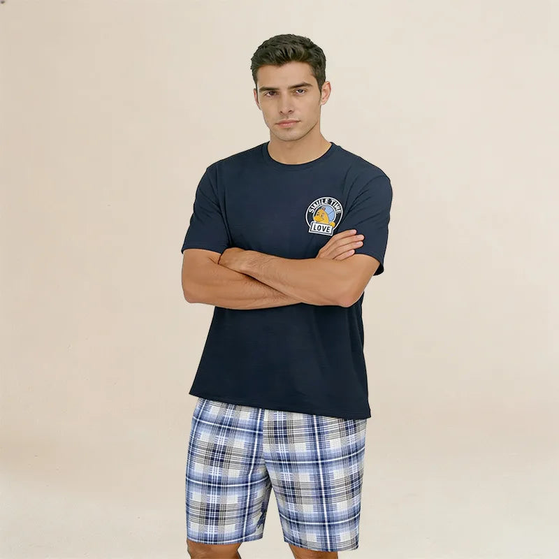Men's Popular Men Can Wear Loungewear Suits, Cartoon Pajama Set Short-sleeved Plaid Pants Pajamas Pijamas Lounge Set Pyjamas Men