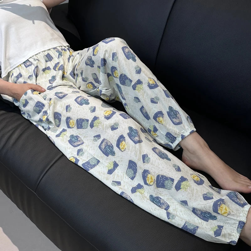 Cool Summer New Silk Cotton Spwear Loose Women's Wide Leg Pants Home Wear Floral Print Heat Resistant Comfortable Casual T...