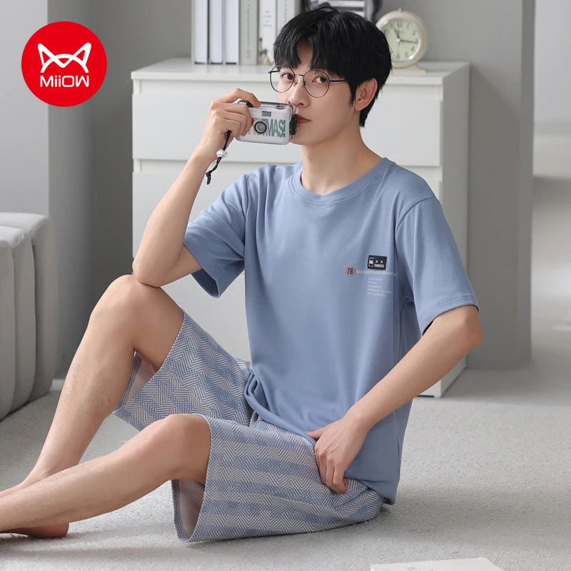 MiiOW 2Pcs Men's Pajamas Set Summer O-neck Mens Short Sleeve Homewear Big SIze L-3XL Man Sleepwear Cotton Breathable Men Pajamas