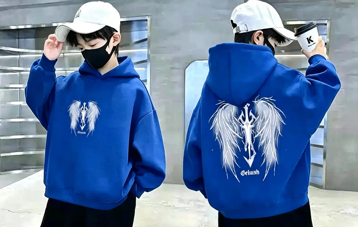 Boys Hoodie Streetwear Angel Wings Trident Print Kids Loose Hooded Sweatshirt Casual Teen Pullover