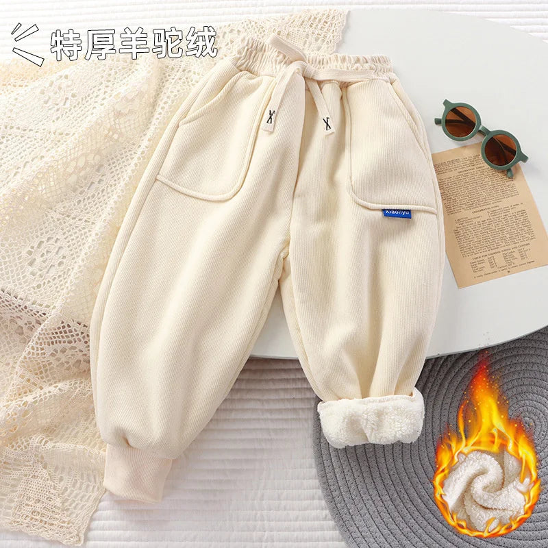Kids Padded Pants Boys Girls Plus Velvet Thick Warm Trousers Autumn Winter Sport Casual Pants Children Clothes 3-12 Years