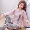 Autumn Thin 2Pieces Pyjamas Set Women 2026 Round Neck Girls Bear Pajamas Sets Teacup Cat Full Sleepwear Tops lovers Pajama Mujer