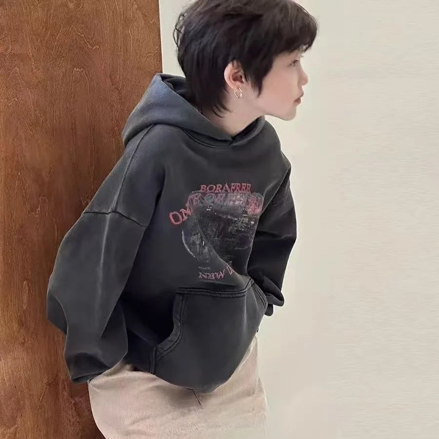 Boys Hooded Sweater Autumn New Children's Retro Trendy Casual Jumper Boys Loose Top 2025