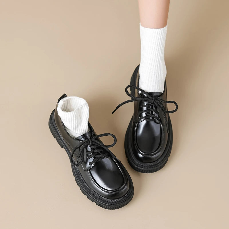 Women Black Lace Up Platform Loafers Retro British Style Leather Shoes Soft Sole Minimalist Casual Daily Footwear