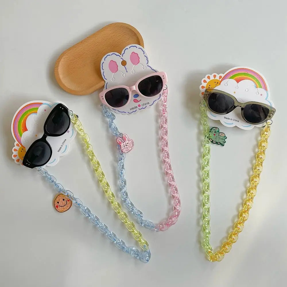 2Pcs/Set Spring Summer Kids Cat Eye Sunglasses Fashion Kawaii Sunscreen Eyeglasses Outdoor with Eyeglass Chains Children Eyewear