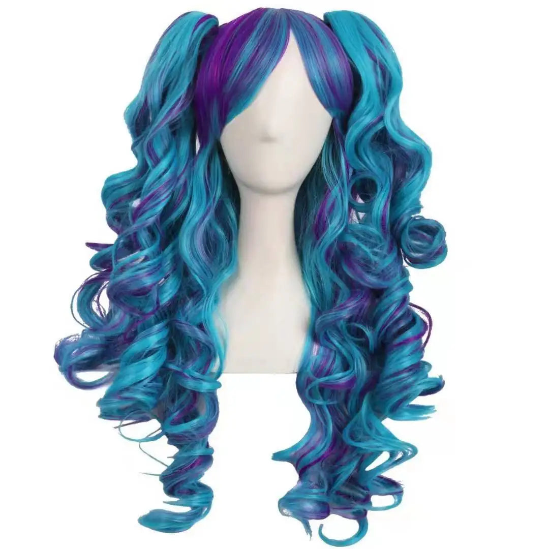 Long Wavy Anime Cosplay Lolita Wig Blue Blonde Pink Ombre Two Ponytails Girls Kawaii Anime Accessories Wigs for Women