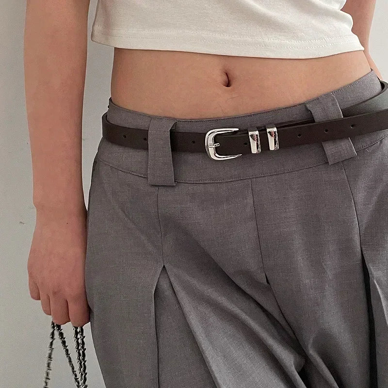 Fashionable Thin Belts for Woman Minimalist Solid Color Versatile Belts Beautiful Silver Color Metal Buckle Belts