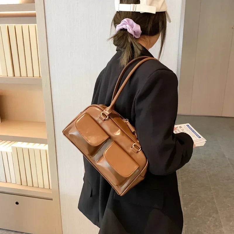 Retro Red Women's Satchel Hobo Bag Patent Leather Multi Pocket Luxury Designer Handbag Female Shoulder Underarm Bag Tote Purses