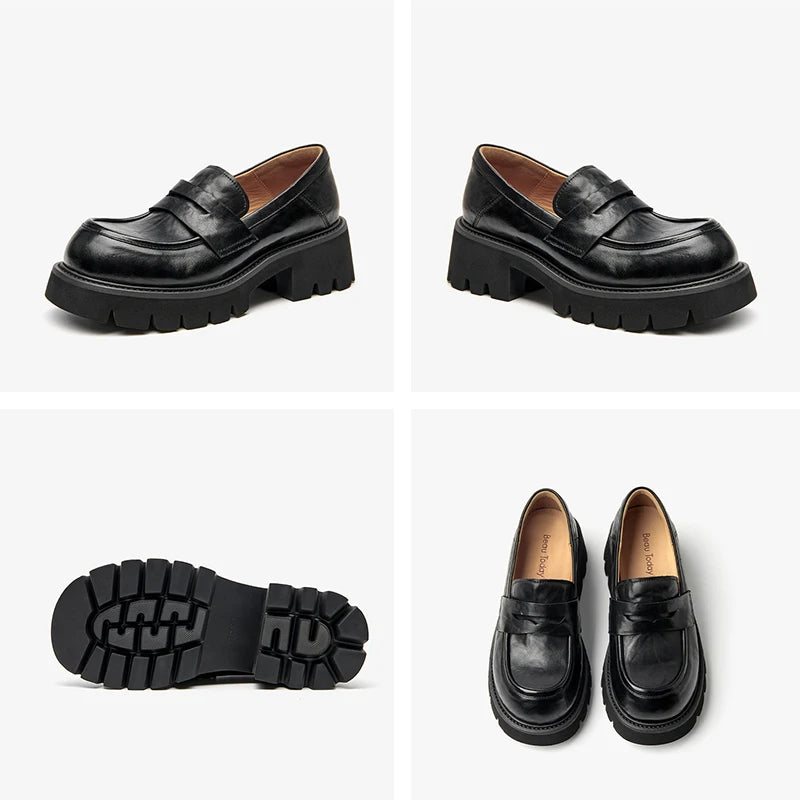 BEAUTODAY Platform Loafers Women Embossing Cow Leather Dress Shoes  Ladies Slip-on Flats Spring Autumn Handmade 26635