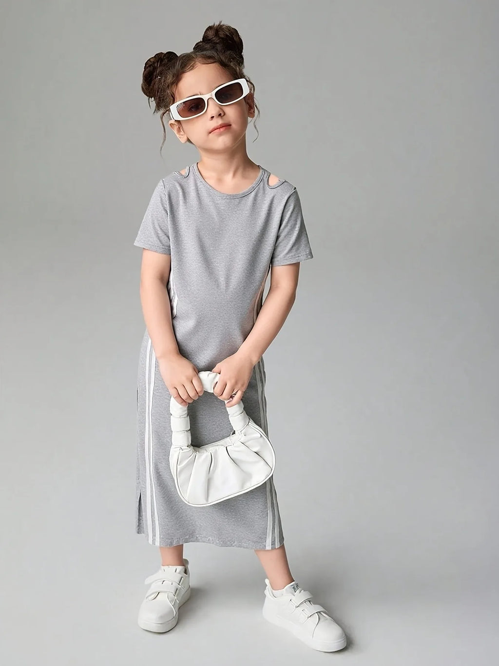 Comfy Kids Girls Casual Dress, Soft Breathable Short Sleeve Side Stripe Midi Dress for All-Day Wear