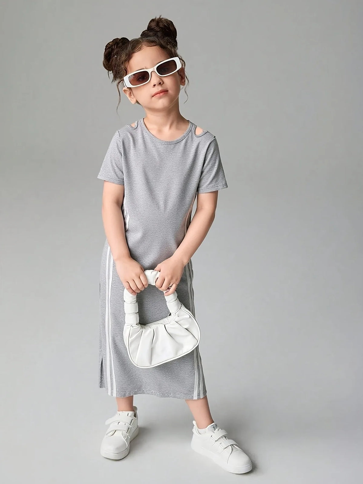 Comfy Kids Girls Casual Dress, Soft Breathable Short Sleeve Side Stripe Midi Dress for All-Day Wear