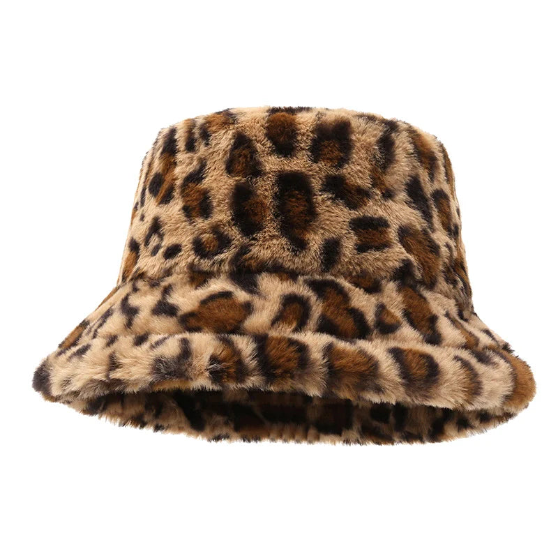 Female Vintage Faux Fur Fisherman Cap Hats For Women Dropshipping Winter Bucket Hat Women's Fashion Leopard Panama Warm Hats
