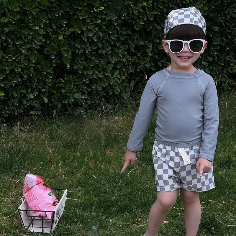 1-7Y New Children's Swimwear for Boys Children's Checkered Split Sun Protection Long Sleeve swimsuit  for Baby Swimwear  유아 수영복