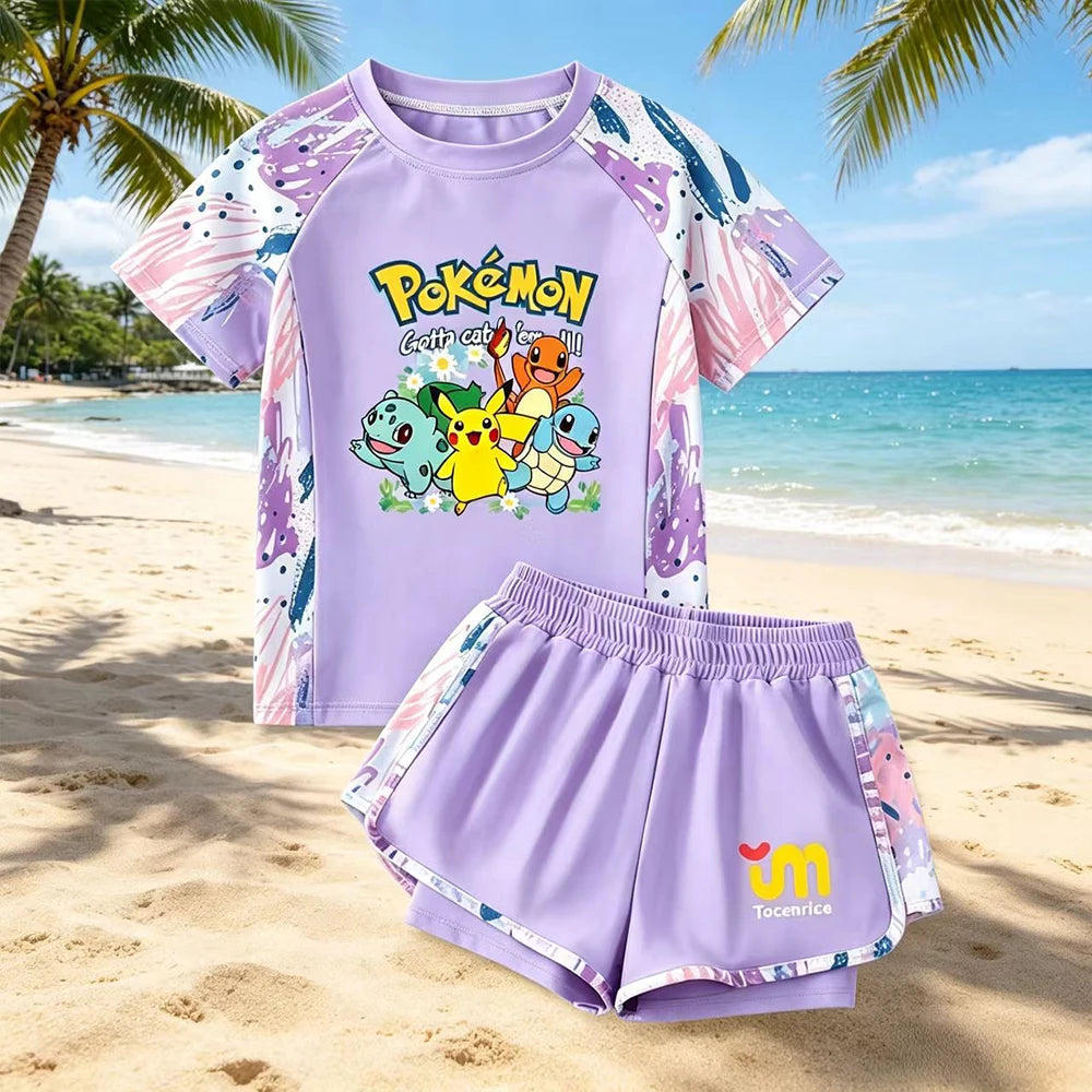 Pokemon Pikachu Girls 2 Piece Swimsuit Set Quick Dry Rash Guard Kids Cartoon Beach Bathing Suit Summer Children Swimwear Outfit