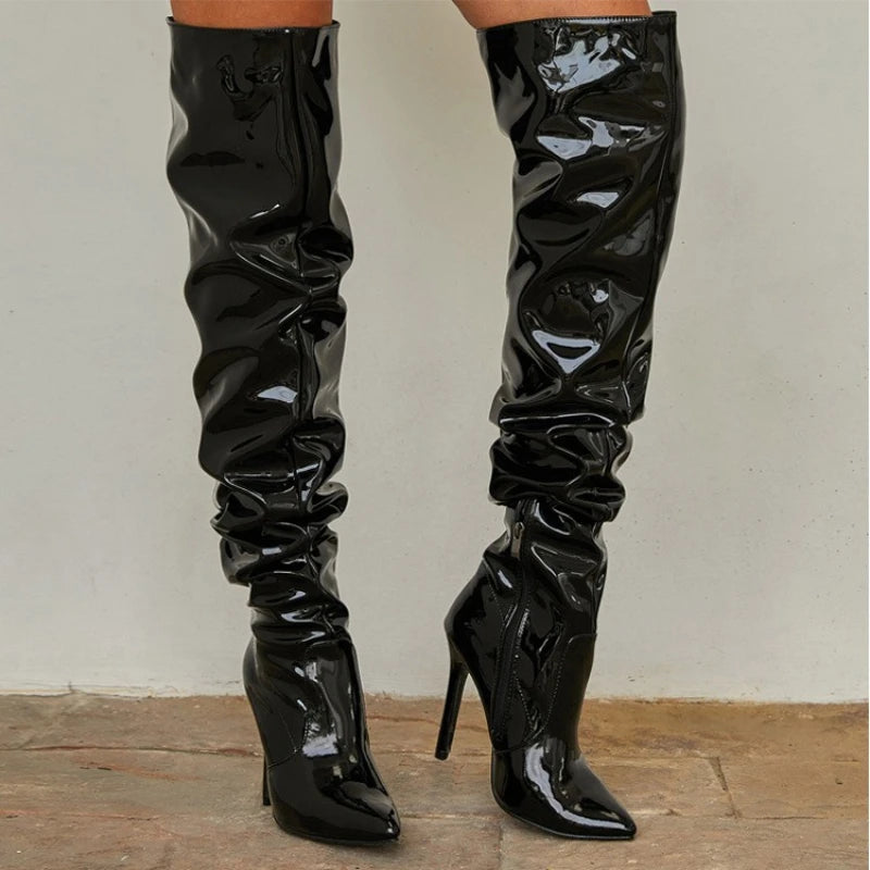 Women's Boots Over The Knee Shiny Pleated High Heel Boots Side Zip Womens Pumps Pointed Toe Stiletto Women Shoes Patent Leather