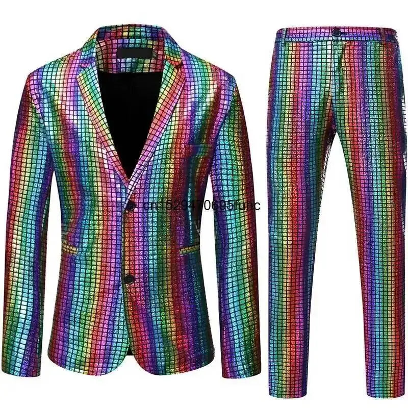 Shiny Mens Stage Prom Suits Rainbow Plaid Sequin Jacket Pants Men Dance Festival Christmas Halloween Party Costume Homme