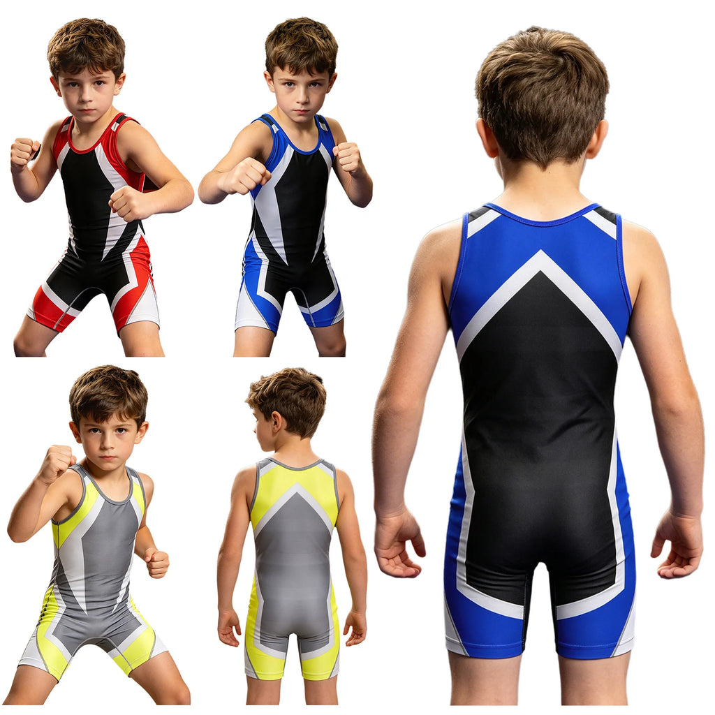 Kids Boys Wrestling Singlet Color Block Jumpsuit Quick-dry Sleeveless Thigh Length Bodysuit Sports Workout Exercise Cycling Set