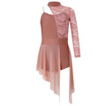 Kids Girls Modern Lyrical Dance Dress Round Neck Asymmetrical Cutout Patchwork Sides Split Sheer Mesh Leotard Dress Dancewear