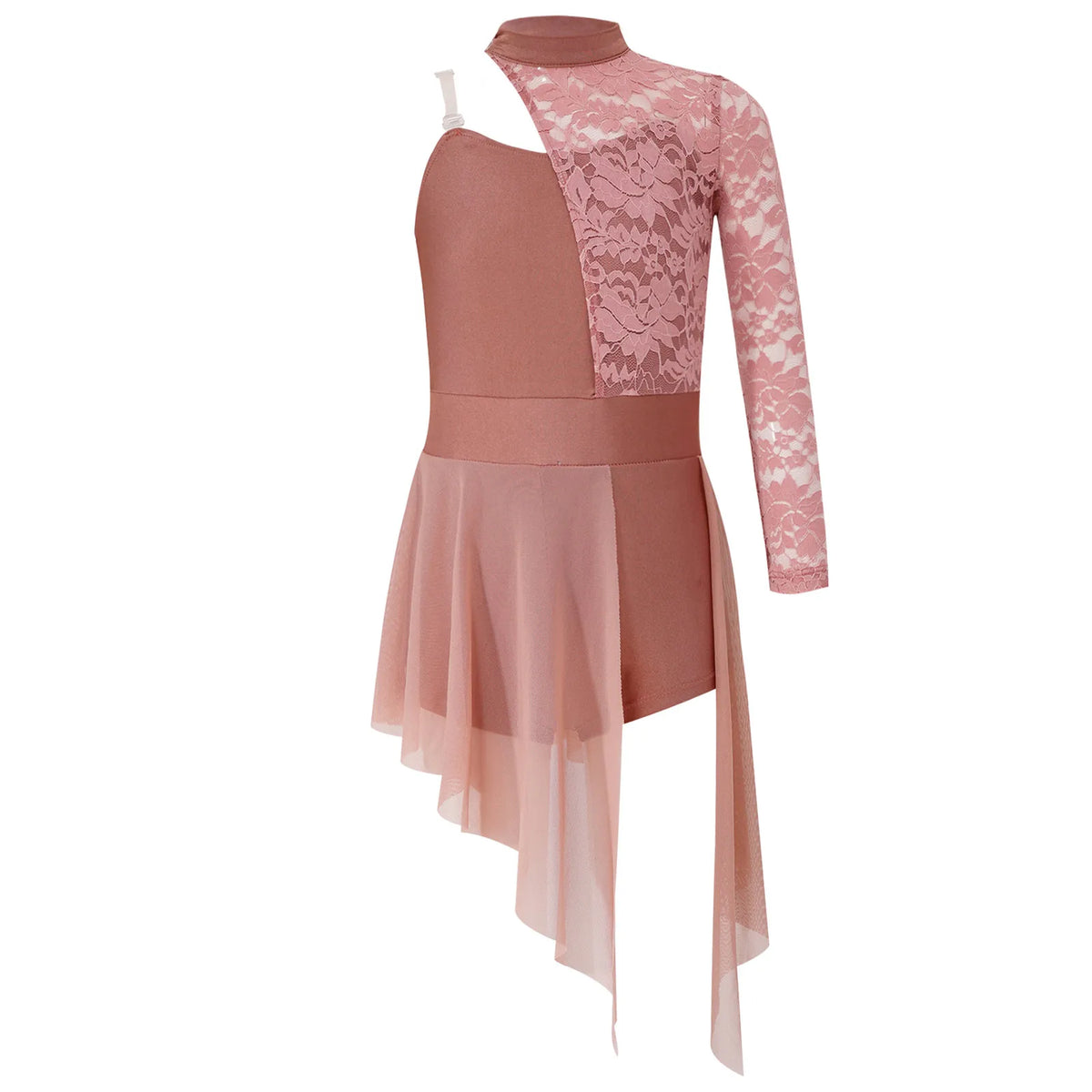 Kids Girls Modern Lyrical Dance Dress Round Neck Asymmetrical Cutout Patchwork Sides Split Sheer Mesh Leotard Dress Dancewear