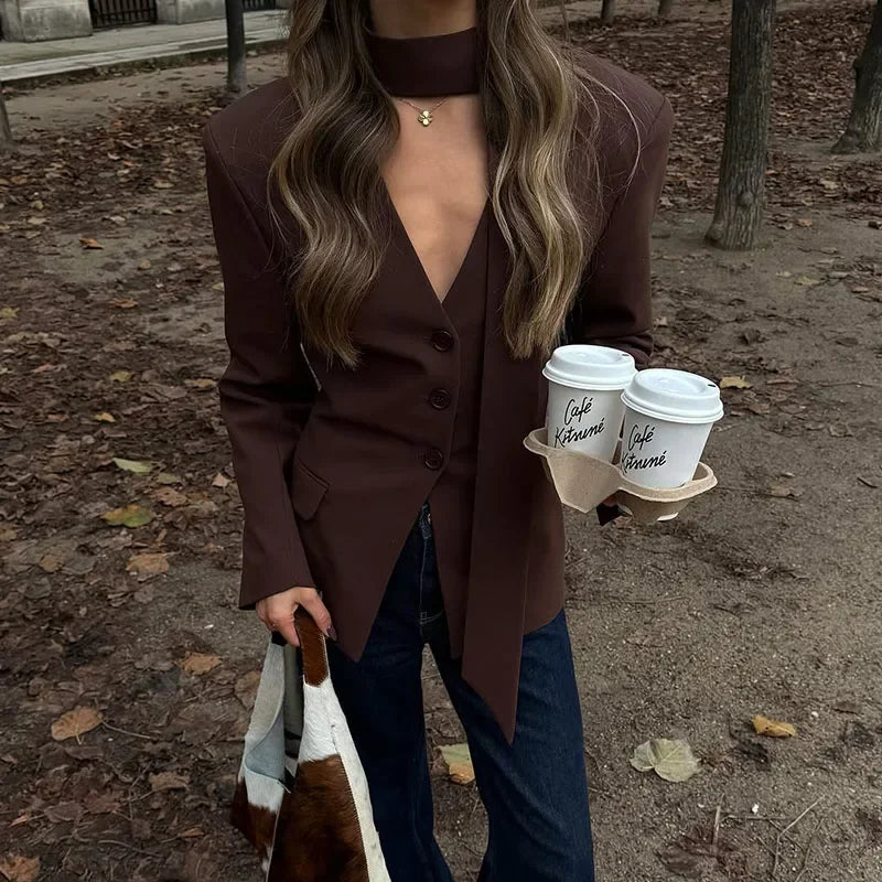 Solid Slim Women Blazer Coat Sexy V-neck With Scarf Long Sleeve Single-breasted Female Coats 2026 Spring Autumn Lady Jacket