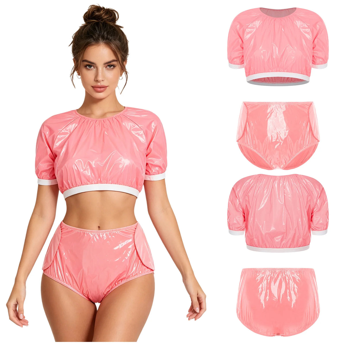 Womens Swim Sets Waterproof Vinyl Adaptive Swimwear Beachwear Outfits Short Sleeve Crop Top and Hook and Diaper Cover Shorts