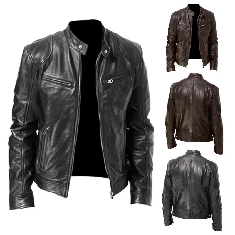useful European and American Men's Clothing Men's Leather Jacket Male Teen Stand-up Collar Punk Men's Motorcycle Leather Jacket