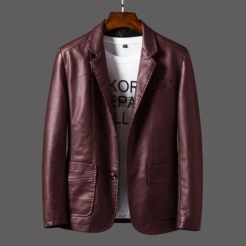 2024 Men's Leather Jackets Lapel Business Pu Blazers Men Solid Casual Slim Button-up Leather Coats Autumn Outwear Plus Size 6XL