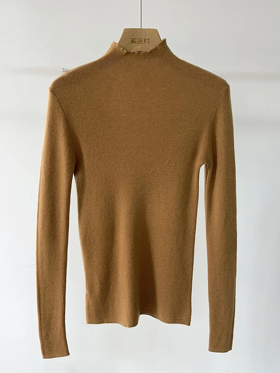 BirdTree, 100% Wool Slim Thin Sweater, Women Long Sleeve Mock Neck, Seamless Bottom High Elastic Top, 2025 Winter Fall T46985QM