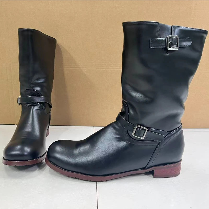 Men's Boots PU Leather Boots Retro Outdoor Western Cowboy Boots Round Toe Belt Buckle Mid-Calf Boot Slip on Plus Size Long Boot