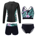 Kids Girls 4PCS Printed Swimsuit Long Sleeve Outerwear with Sleeveless Crop Top Briefs Shorts Bathing Suit Rash Guard Swimwear