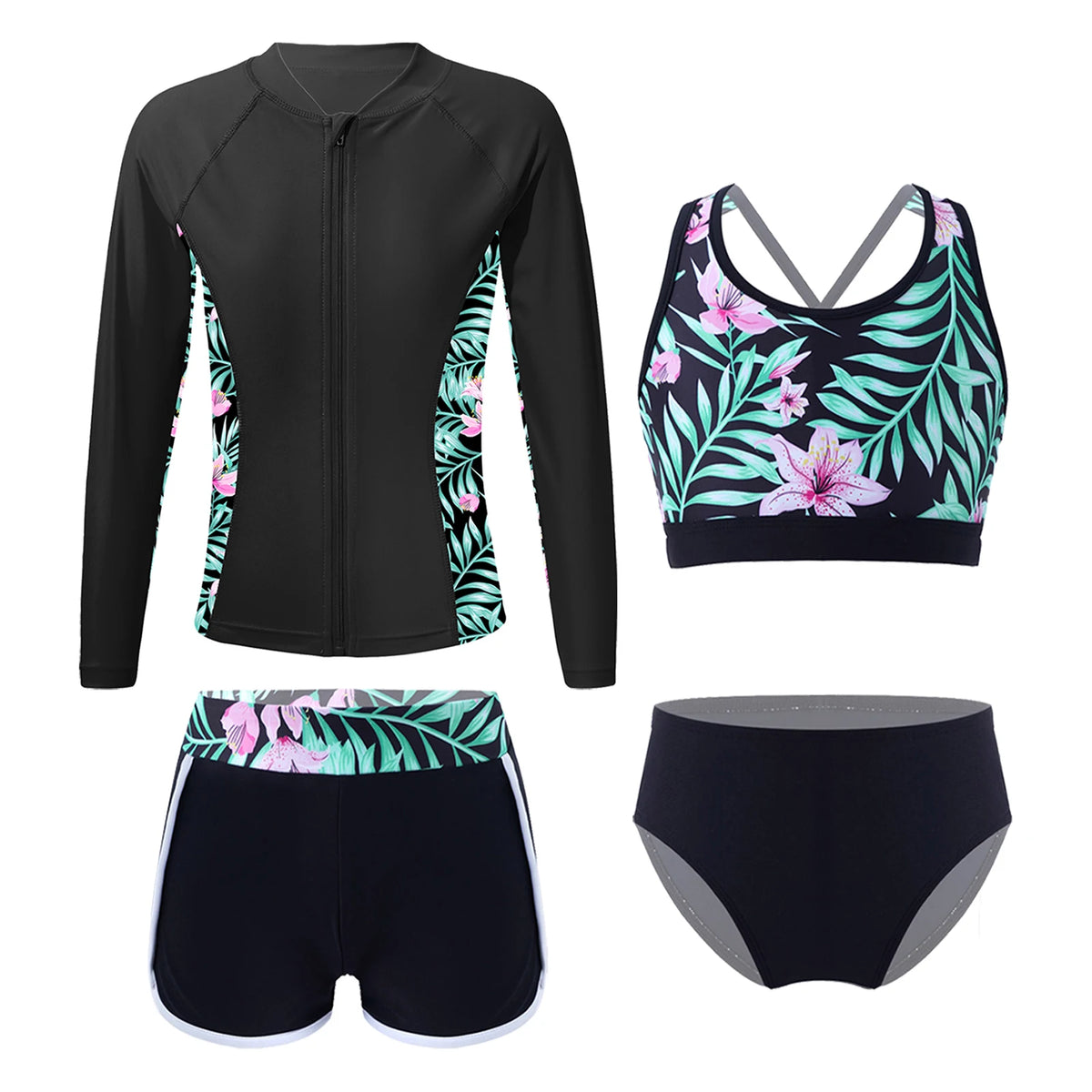 Kids Girls 4PCS Printed Swimsuit Long Sleeve Outerwear with Sleeveless Crop Top Briefs Shorts Bathing Suit Rash Guard Swimwear