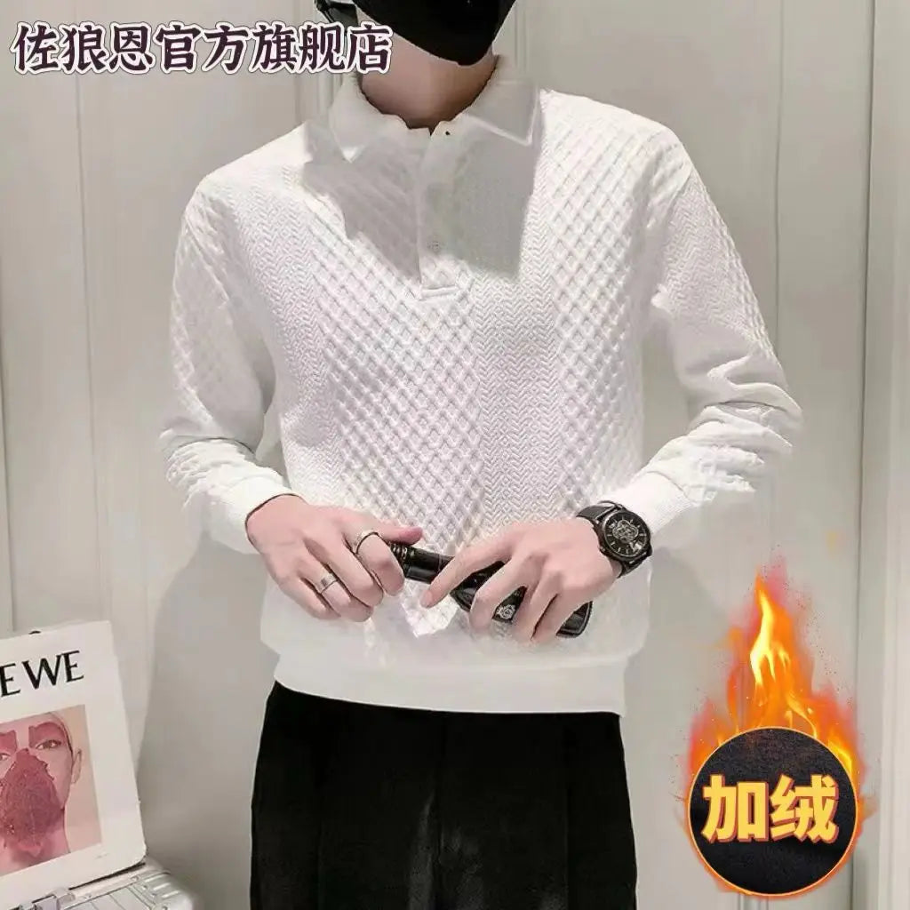 Men's Long Sleeved Hoodie with a Lapel and Polo Shirt, Autumn and Winter with Plush Trendy Casual and Versatile Fashion Top