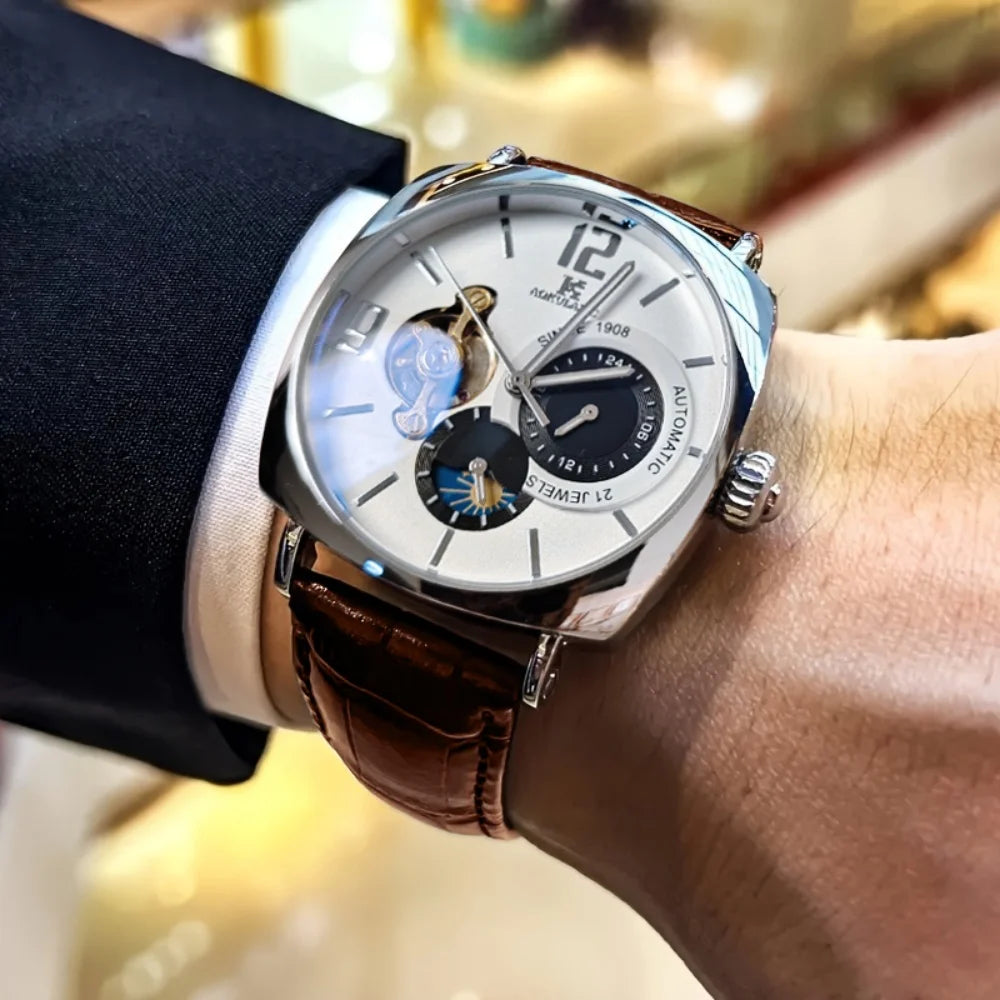 [Mechanical Men's Watch] Retro Mechanical Men's Watch | Elegant, Skeleton Dial, Hollow Design, Alloy Case, Synthetic Leather Strap | Business and Casual Wear, No Batteries Required