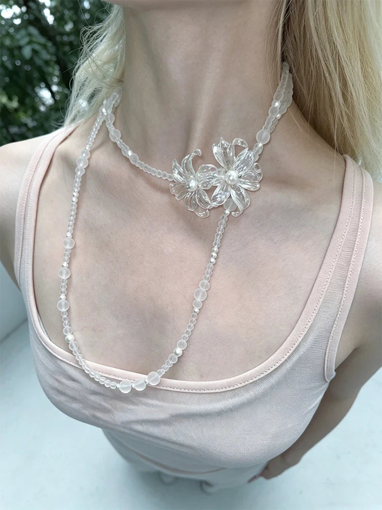 Jewelry Accessories for Women, Transparent Acrylic Beaded Layered Necklace, Elegant Floral Pendant Long Tassel Chain, Bohemian S