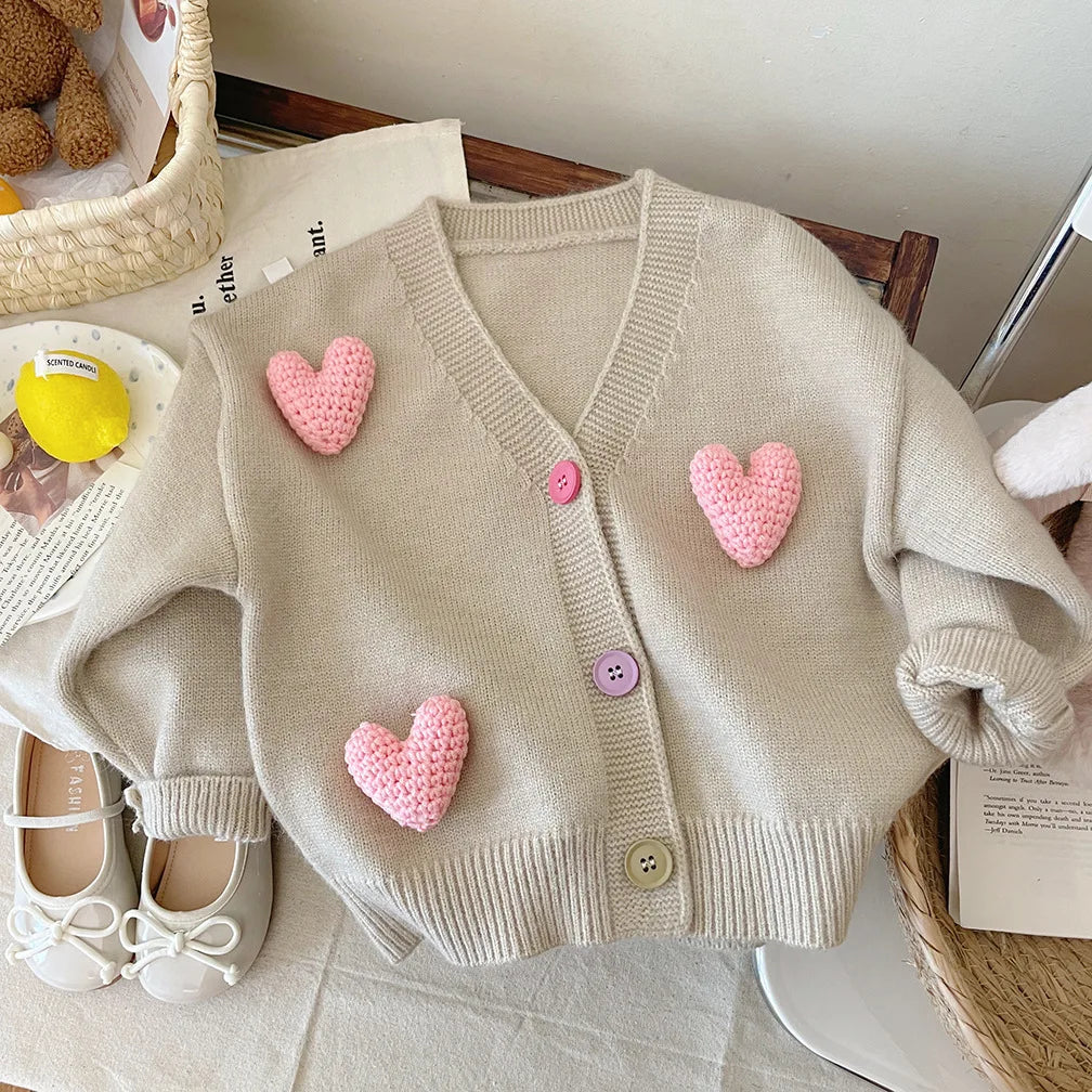 Girls Sweaters Coat Three-Dimensional Love Knitted Cardigan Jacket Autumn Winter Baby Girl Clothes Korean Kids Clothing 2-8Y